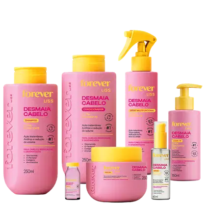 Produtos de beleza da linha Forever Liss, incluindo shampoo, condicionador, spray, sérum e leave-in, em embalagens rosa e amarelas com rótulos indicando os benefícios para cabelos ressecados e desidratados.