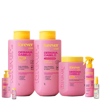 Conjunto de produtos de beleza da marca Forever Liss, incluindo shampoo, condicionador, máscara e spray para cabelos ressecados e desidratados, em embalagens rosa e amarela com rótulos indicando os benefícios do tratamento.