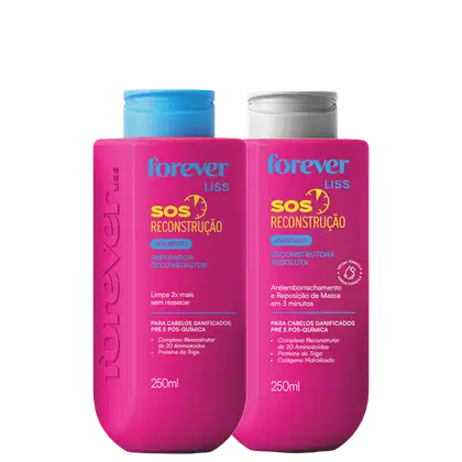 Dois frascos de produtos de beleza da marca Forever Liss, em embalagens rosa e azul, com rótulos indicando "SOS Reconstrução" - um shampoo reparador e uma máscara reconstrutora para cabelos danificados.