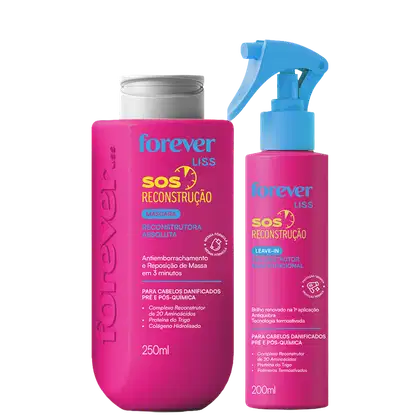 Dois produtos da linha Forever Liss: uma máscara reconstrutora de cabelos em embalagem rosa e um leave-in reconstrutor em embalagem rosa e azul, ambos com rótulos indicando a função "SOS Reconstrução".