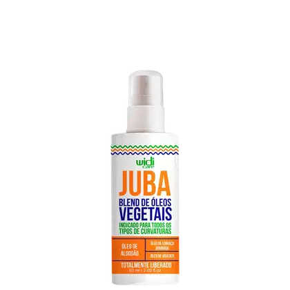 Frasco plástico branco com tampa branca fosca. Rótulo com detalhes em verde, laranja e azul. Texto indicando que é um blend de óleos de algodão, linhaça dourada e abacate, indicado para todos os tipos de curvaturas. Informações sobre o volume de 60ml.