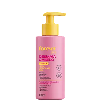 Frasco rosa com bomba doseadora amarela da linha Forever Liss, contendo leave-in ultra-hidratante 5 em 1 para cabelos ressecados e desidratados.