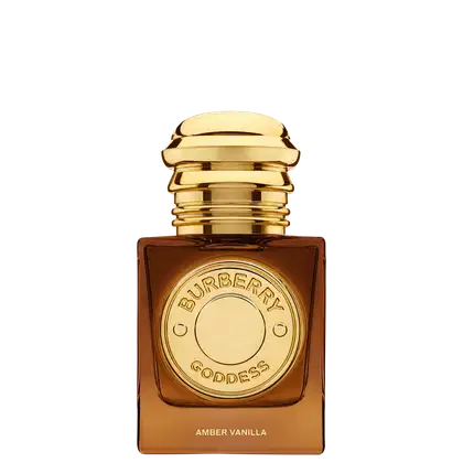 Perfume Burberry Goddess Amber Vanilla em frasco quadrado âmbar com tampa dourada. Rótulo circular dourado com inscrição "Burberry Goddess" e texto "Amber Vanilla" na base. Design luxuoso e elegante.