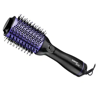 O produto apresentado é uma escova elétrica da marca Taiff, modelo Easy. Ela possui um design preto e roxo, com cerdas de diferentes tamanhos distribuídas por toda a superfície da escova. O cabo é preto e possui um botão de controle.