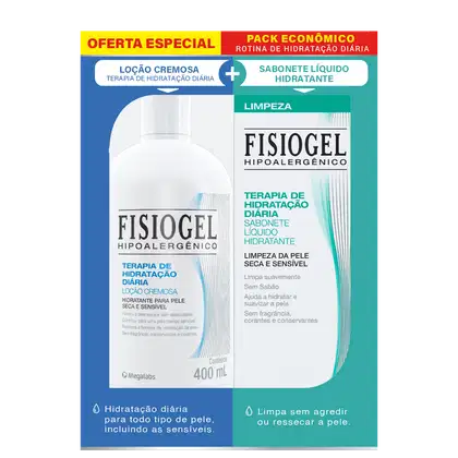 Kit com loção hidratante e sabonete líquido Fisiogel da linha Terapia de Hidratação Diária.