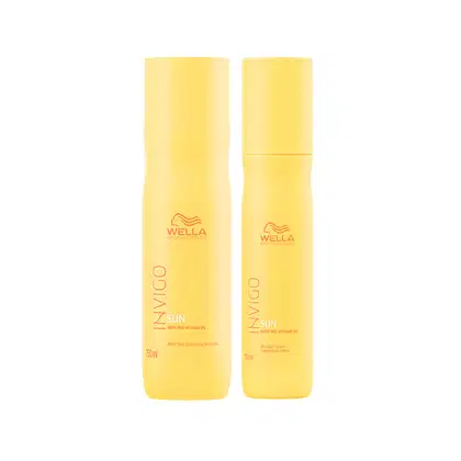 Dois frascos amarelos para proteção e cuidado capilar após exposição ao sol da linha Wella Professionals Invigo Sun. Um frasco é identificado como "After Sun Cleansing Shampoo" de 250ml. O outro é um leave-in spray de 150ml.