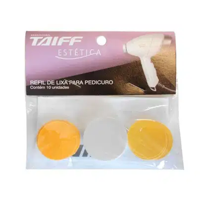 Refil de lixa para pedicuro da marca Taiff Estética. A embalagem é um pacote plástico transparente contendo 10 unidades do refil. O refil é composto por duas peças circulares de material abrasivo, uma de cor laranja e outra de cor amarela.