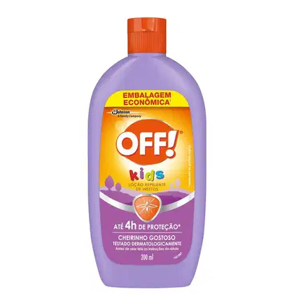 Frasco de repelente de insetos OFF! Kids, com embalagem econômica de 200 ml, em tons de roxo e laranja, com informações sobre proteção de até 4 horas.