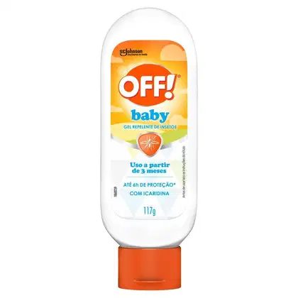 Frasco de gel repelente de insetos da marca OFF! Baby, com embalagem branca e laranja, contendo informações sobre o produto e seu uso a partir de 3 meses de idade.