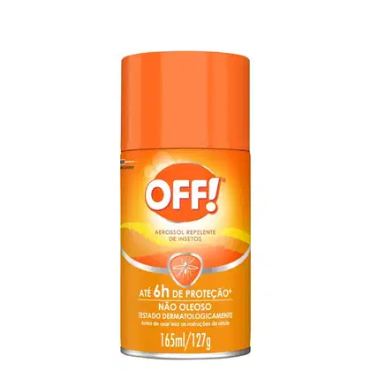 Frasco de aerossol laranja da marca OFF! com rótulo destacando a proteção de até 6 horas contra insetos e a indicação de não oleoso e testado dermatologicamente.