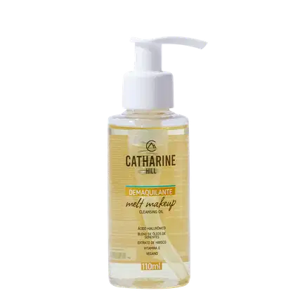 Frasco de óleo de limpeza facial da marca Catharine Hill, com bomba doseadora branca. Rótulo amarelo com o nome do produto "Demaquilante Melt Makeup Cleansing Oil" e informações sobre os ingredientes.