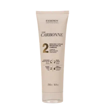 Máscara capilar da série Carbonne da marca Essendy. A embalagem é um tubo de cor bege com o nome da marca e da série impressos em preto. O texto no rótulo indica que se trata de um "Replenisher Hair Mask" ou máscara capilar repositora de carbono.