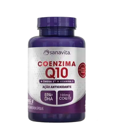 Frasco de cápsulas Sanavita contendo Coenzima Q10 com Ômega 3 e Vitamina E, com rótulo em cores roxas e brancas destacando os benefícios antioxidantes do produto.