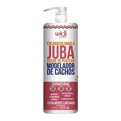 Frasco branco de creme de pentear Widi Care para modelagem de cachos, com rótulo destacando ingredientes naturais e tipos de curvatura. Embalagem com bomba doseadora e informações sobre o produto em português.