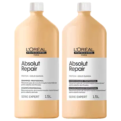 A imagem mostra dois frascos de plástico de 1,5 litros da linha Absolut Repair da L'Oréal Professionnel, de cor bege com rótulo branco.