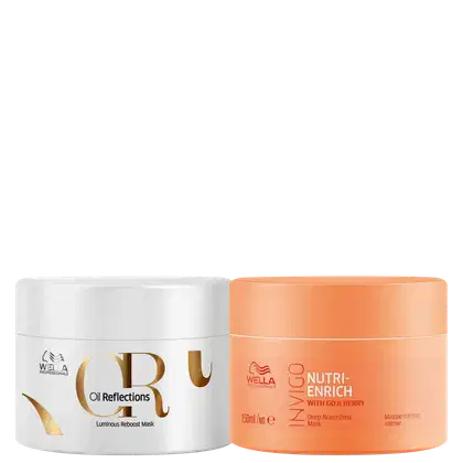 Dois potes de máscaras capilares da linha Wella Professionals. Um pote branco com detalhes dourados contém a máscara Oil Reflections. O outro pote é laranja e contém a máscara Nutri-Enrich Deep Nourishing Mask with Goji Berry.