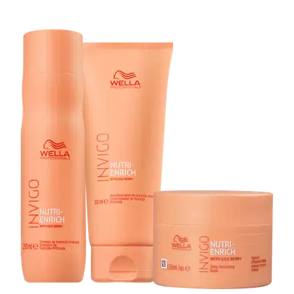 Três produtos de cuidados capilares da linha Nutri-Enrich da Wella Professionals. O primeiro é um frasco de 250ml de um shampoo. O segundo é uma embalagem de 200ml de um condicionador. O terceiro é um pote redondo de 150ml de uma máscara capilar.