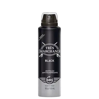 Frasco de desodorante aerossol da marca Très Marchand, na cor preta, com rótulo destacando a proteção antitranspirante por 48 horas. O produto possui 90g/150ml.