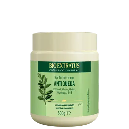 Pote de creme de banho da marca Bio Extratus, com rótulo verde e branco, contendo 500g do produto "Banho de Creme Antiqueda" com ingredientes naturais como Jaborandi, Alecrim e Vitaminas.