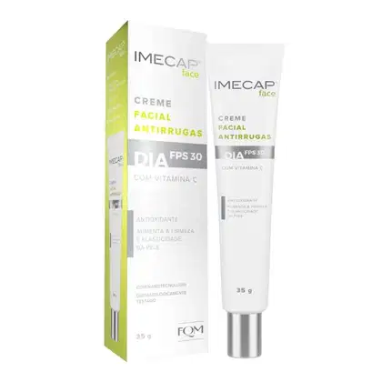 Creme facial antirrugas Imecap Face com FPS 30, embalagem em caixa verde e branca, contendo um tubo de 35g do produto, com destaque para a presença de vitamina C em sua composição.