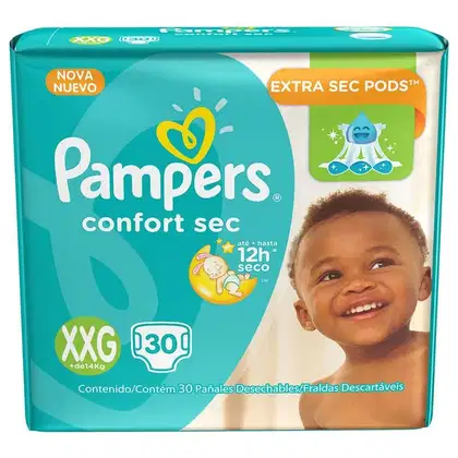 Caixa de fraldas descartáveis Pampers Confort Sec, tamanho XXG, com 30 unidades, embalagem verde e amarela, com imagem de bebê sorridente.