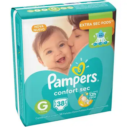 Caixa de fraldas descartáveis Pampers Confort Sec, tamanho G, com 38 unidades, embalagem em tons de verde e amarelo, destacando o texto "Extra Sec Pods" e a imagem de um bebê sorrindo.