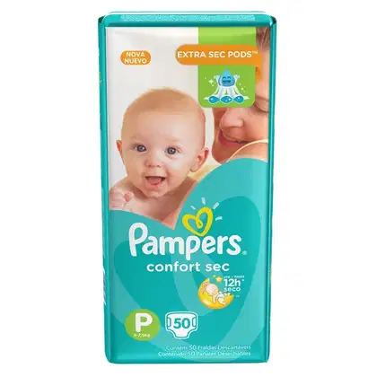 Caixa de fraldas descartáveis Pampers Confort Sec, tamanho P, com 50 unidades. A embalagem apresenta cores predominantes de azul e verde, com imagem de um bebê sorridente e o logotipo da marca Pampers.
