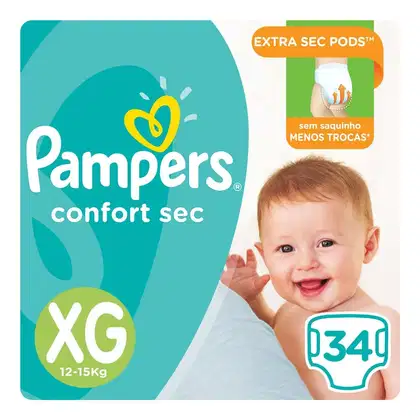 Pacote de fraldas Pampers Confort Sec, tamanho XG, para bebês de 12-15kg, com design em tons de verde e laranja, destacando a tecnologia "Extra Sec Pods" para menos trocas.