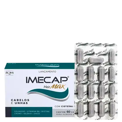 Caixa do produto IMECAP Hair Max da FQM, contendo 60 cápsulas com ingredientes como colágeno, vitamina B6, biotina, cromo, selênio e zinco, para cabelos e unhas.