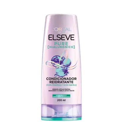 Frasco de condicionador reidratante da linha Elseve Pure Hialurônico, com 200 ml de volume. Embalagem rosa com detalhes em azul e verde, destacando os ingredientes ácido hialurônico e ácido salicílico.