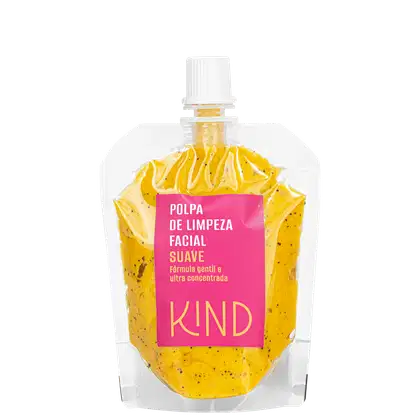 A imagem mostra um frasco transparente, com tampa branca de rosquear, contendo uma polpa de cor amarelada. O rótulo do produto indica o tipo de produto, e marca em evidência.