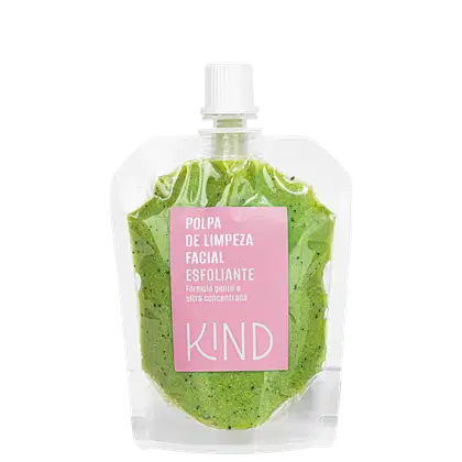 A imagem mostra um frasco transparente, com tampa branca de rosquear, contendo uma polpa de cor verde. O rótulo do produto indica o tipo de produto, e marca em evidência.