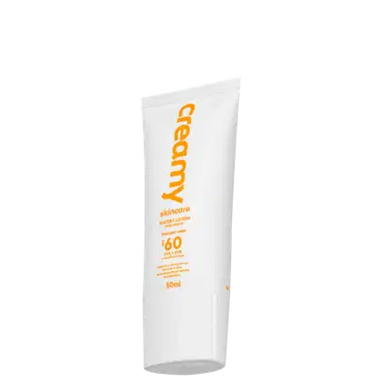 Tubo branco de protetor solar Creamy com logotipo laranja e informações sobre fator de proteção 60. Embalagem de 50ml com design simples e minimalista.