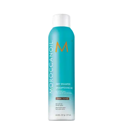 Frasco de shampoo seco Moroccanoil na cor azul-turquesa, com logotipo laranja e texto "Dry Shampoo" para cabelos de tons escuros, com 4,5 oz (127 g) de capacidade.