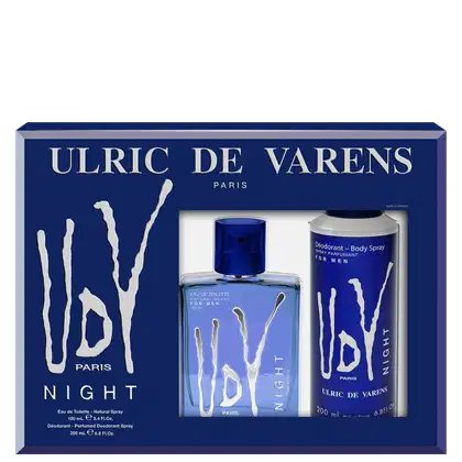 A imagem mostra uma caixa retangular azul escura com detalhes brancos e o nome da marca e linha em letras maiúsculas. Contém um frasco de perfume em vidro azul transparente de 100ml e um frasco de desodorante corporal spray de 200ml.