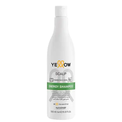 Frasco branco de 500 ml de shampoo energizante Yellow Scalp, com rótulo destacando os ingredientes Rambutan e Basil, e informações sobre o produto em diferentes idiomas.