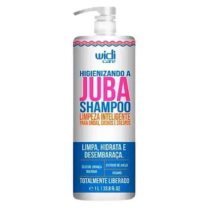 Embalagem plástica branca com bomba dosadora. Rótulo com texto destacando "Limpeza Inteligente para Ondas, Cachos e Crespos". Cores predominantes são branco, rosa, azul e detalhes em laranja.