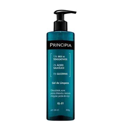 Gel de limpeza Principia em embalagem preta e azul com informações sobre sua composição, incluindo 13% de mix de tensoativos, 2% de ácido salicílico e 5% de glicerina, para tratar oleosidade, acne e poros dilatados.