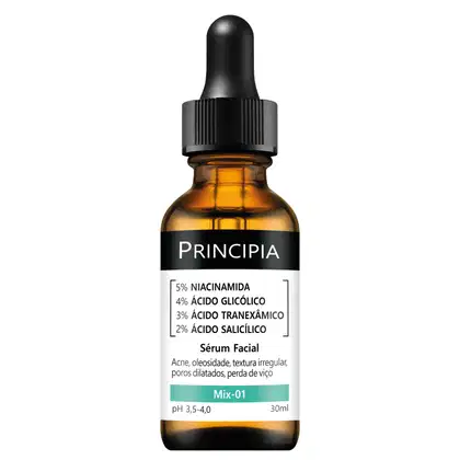 Frasco de vidro âmbar com conta-gotas preto contendo sérum facial Principia, com rótulo indicando ingredientes ativos como niacinamida, ácido glicólico, ácido tranexâmico e ácido salicílico, para tratamento de acne, oleosidade e textura irregular da pele.