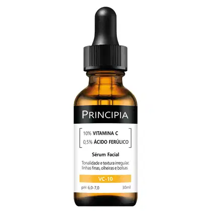 Frasco de vidro âmbar com conta-gotas preto contendo sérum facial da marca Principia.