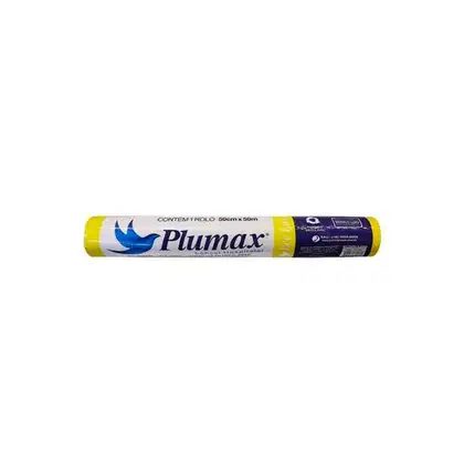 Rolo de papel higiênico da marca Plumax, com embalagem amarela e azul, contendo informações sobre o tamanho do produto (50cm x 50m).