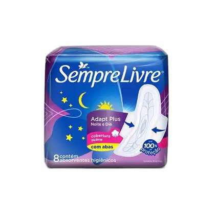 Caixa azul e roxa da marca Sempre Livre, contendo 8 absorventes higiênicos Adapt Plus para uso noturno e diurno, com cobertura suave e proteção 100% garantida.