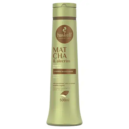 A imagem mostra o frasco do shampoo Matcha & Alecrim da marca Haskell.