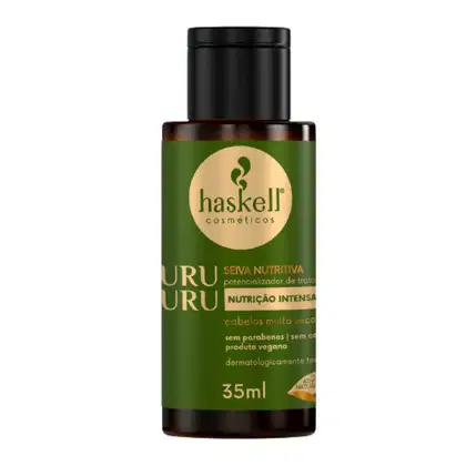 Frasco de 35ml da linha Murumuru da marca Haskell. Possui um design preto com um rótulo verde e amarelo, exibindo o nome do produto e informações sobre sua composição e benefícios, como "Seiva nutritiva" e "Nutrição intensa".