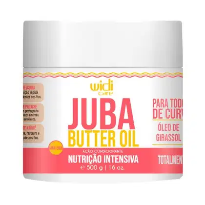 Manteiga de óleo de karité (butter oil) embalada em um pote plástico branco com detalhes em vermelho e amarelo. A embalagem tem formato cilíndrico e contém 500g. O rótulo destaca que é um tratamento nutritivo intensivo à base de óleo de girassol.