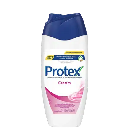Frasco de creme Protex com embalagem branca e azul, destacando a proteção antibacteriana natural com óleo de linhaça. O rótulo apresenta o nome da marca "Protex" em destaque.