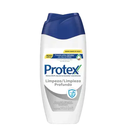 Frasco de 250 ml do produto de limpeza profunda Protex, com embalagem em tons de azul e branco. O rótulo destaca a proteção antibacteriana natural com óleo de linhaça.