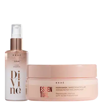 Máscara capilar da linha Essential e sérum capilar da linha Divine de Braé.