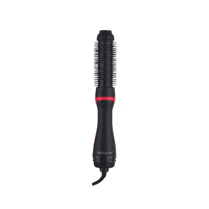 Escova de cabelo elétrica da Revlon, com corpo preto e detalhes vermelhos, com cerdas de diferentes tamanhos para modelagem e volume dos cabelos.