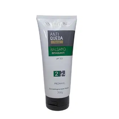 O produto apresentado é um bálsamo estimulante da marca Aneethun, da linha Anti Queda. A embalagem é um tubo plástico branco com rótulo verde e cinza, contendo 200g do produto.